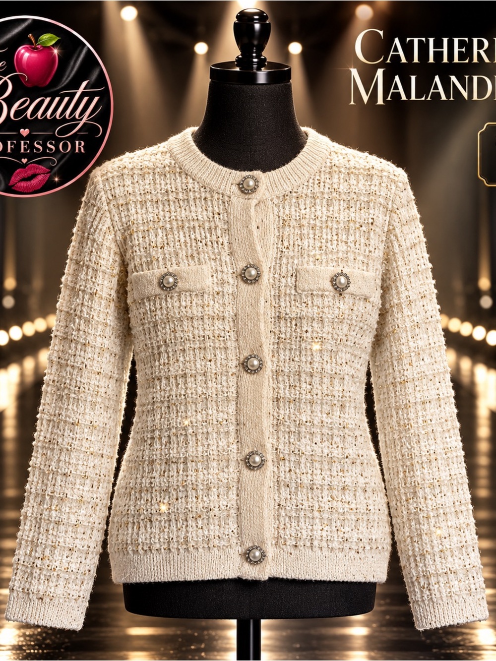 Catherine Malandrino Ivory Pearl Button Sequin Tweed-Style Cardigan M